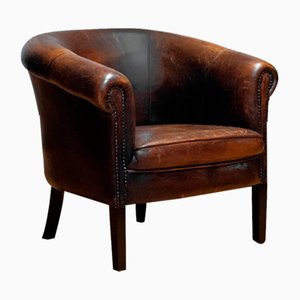 Dutch Patinated Dark Brown Colonial Sheepskin Upholstered Lounge Club Chair, 1960s