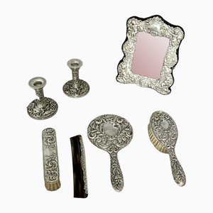 Silver Mirror Frame and Dressing Table Set, 1920s, Set of 7
