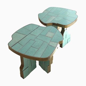Italian Blue Turquoise Side Tables in Ceramic and Brass, 1990s, Set of 2
