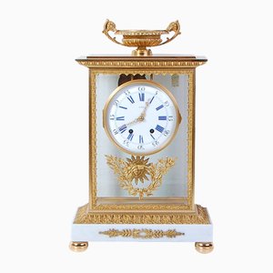 Horloge de Table Style Empire Napoléon III avec Socle en Marbre de Carrare Blanc, 1980s