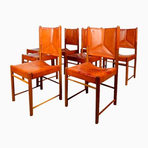 Cognac Leather Dining Chairs in the style of Carlo Scarpa, Italy, 1970s, Set of 8