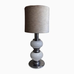 Vintage German Table Lamp with Chrome-Plated Metal Frame with Incorporated Opaque Interior-Lit Glass Elements and Patterned Fabric Screen in the style of Sölken Lights, 1970s