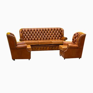 Braunes Vintage Chesterfield Ledersofa mit hoher Rückenlehne, 3er Set