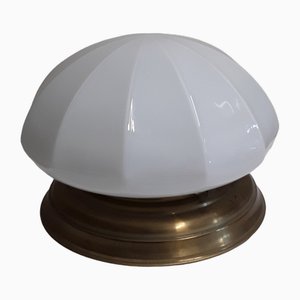 Flat Vintage Ceiling Lamp with Profiled Brass Mount & Segmented Opaque White Glass Screen, 1980s