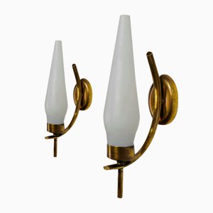 Wall Lamps in Brass and Opal Glass, Italy, 1960s, Set of 2