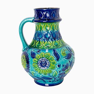 Jarrón alemán azul de cerámica esmaltada Bay Keramik, años 50