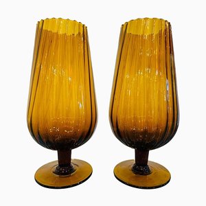 Large Italian Goblet-Shaped Ribbed Amber Glass Vases, 1960s, Set of 2
