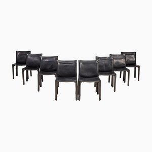 Cab 142 Black Leather Dining Chairs attributed to Mario Bellini for Cassina, 1970s, Set of 8