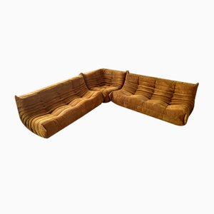 Sand Brown Corduroy Togo Corner Seat, 3-Seat and 2-Seat Sofa by Michel Ducaroy for Ligne Roset, 1979, Set of 3