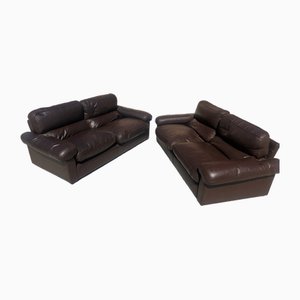 Chocolate Leather 3-Seat Sofas by Tito Agnoli for Poltrona Frau, 1970s, Set of 2