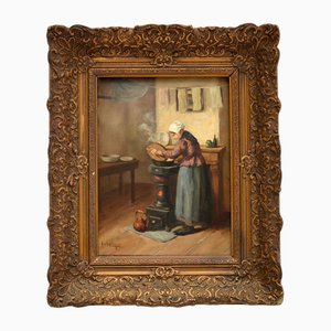 Hendrikus Johannes Franciscus Van Langen, mujer campesina cocinando, 1900, óleo sobre lienzo, enmarcado