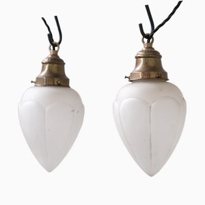 French Opaque Glass, Brass and Opaline Glass Pendant Lamps, Set of 2