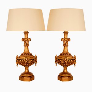Neoclassical Italian Lamps in Carved Gold Giltwood, Set of 2