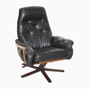 Mid-Century Scandinavian Modern Black Leather and Bentwood Swivel Easy Chair from Göte Möbler, 1960s