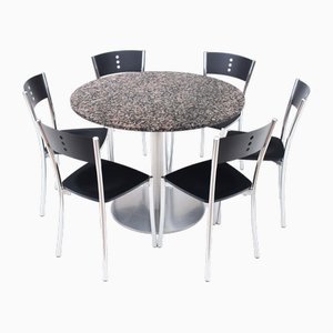 Vintage Granite Dining Table and Black Chrome Dining Chairs, 1990s, Set of 7