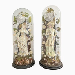 Antique Victorian Continental Figures with the Original Glass Domes, 1860, Set of 2