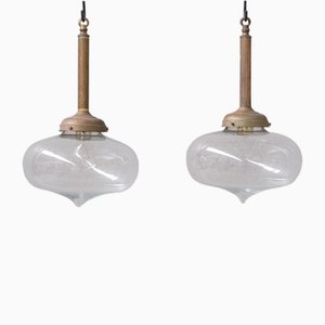 Mid-Century Clear Glass and Brass Teardrop Pendant Lights, Set of 2