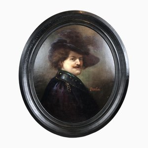 Jane Bonalini, Porträt eines Mannes mit großem Hut im Stil des 17. Jahrhunderts, Ölgemälde, gerahmt