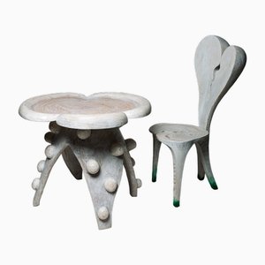 Set of Swiss Carved Wood Alice Dining Table and Dining Chair by Yves Boucard