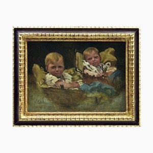Vincenzo Caprile, Children, Oil on Panel, 1890s, Framed