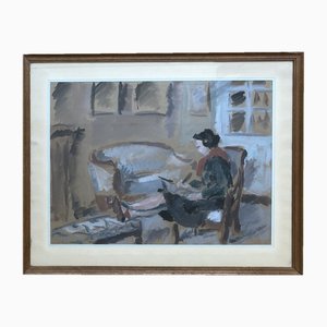C.A., Dame en pleine écriture, Watercolor on Paper, Framed