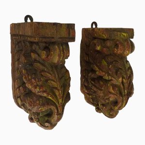 Indian Carved Wooden Wall Candleholders, 19th Century