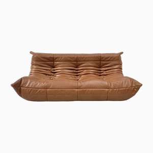 Vintage French Chestnut Leather Togo Sofa by Michel Ducaroy for Ligne Roset, 1970s