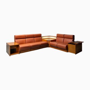5-Seater Modular Sofa Sections in Eco-Leather and Wood, 1970s, Set of 8