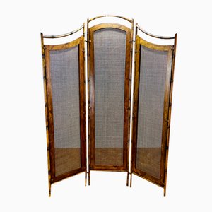 Mid-Century French Faux Bamboo, Metal and Rattan 3-Panelled Screen, 1980s
