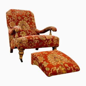 English Open Arm Library Chair with Footstool, 1920s, Set of 2