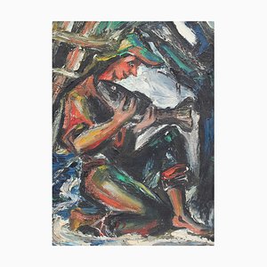 French School Artist, The Fisherman, 1950s, Oil on Canvas, Framed