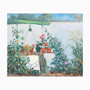 Pierre Philippe Bertrand, Il pozzo fiorito, anni '60, Olio su tavola, con cornice