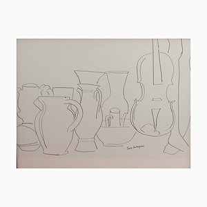 Pierre Ambrogiani, Bodegón con vasijas y violín, años 50, Tinta sobre papel, Enmarcado