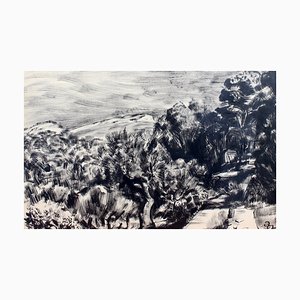 Pierre Dionisi, Paesaggio mediterraneo, anni '30, inchiostro su carta, con cornice