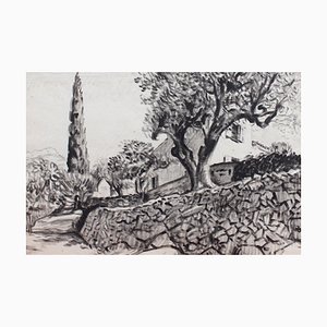 Pierre Dionisi, The Olive Tree Behind the Stone Wall, 1930s, Ink on Paper, Framed