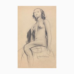 Guillaume Dulac, El desnudo sentado, años 20, Dibujo a lápiz sobre papel, Enmarcado