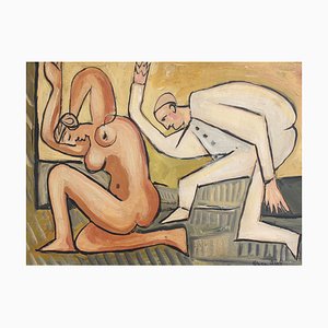 Berlin School Artist after Picasso, Kneeling Nude and Mysterious Figure, 1960s-70s, Oil on Board, Framed