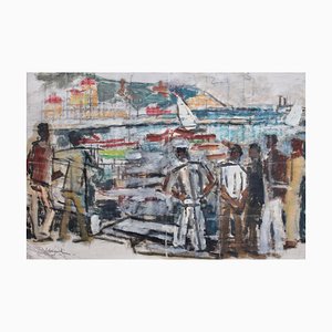 Alfred Salvignol, Sailors in the Port of Nice, 1950s, Mixed Media, Framed