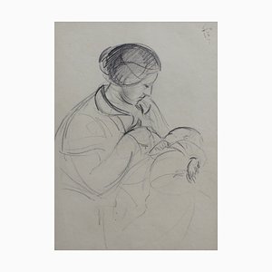 Guillaume Dulac, madre que amamanta a su bebé, años 20, dibujo a lápiz sobre papel, enmarcado
