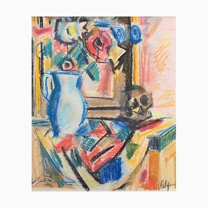 Louis Latapie, Bouquet of Flowers with Vanitas, 1930s, Wax Crayon on Paper, Framed