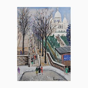 Lucien Génin, Sacré-Coeur Montmartre at Willette Square a Parigi, anni '30, Guazzo su carta, con cornice