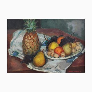 Lucien Martial, Nature Morte à l'Ananas, 1960s, Huile sur Papier, Encadré