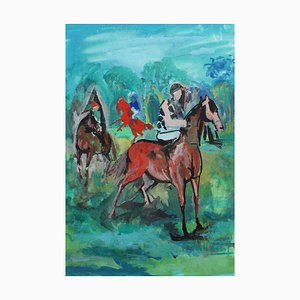 Pierre Gaillardot, The Racing Horses, 1970s, Gouache on Paper, Framed