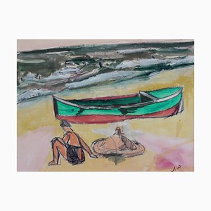 Jean Pons, Kleines Boot und Badende in Dinard, 1961, Mixed Media auf Papier, Gerahmt