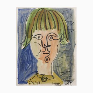 Raymond Debiève, Porträt eines Mädchens, 1966, Mixed Media auf Papier, gerahmt