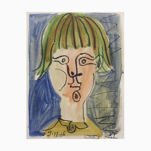 Raymond Debiève, Portrait of a Girl, 1966, Mixed Media on Paper, Framed