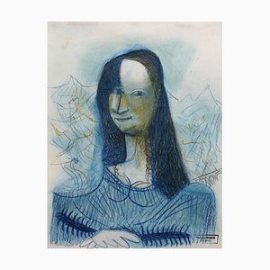 Raymond Debiève, Retrato de mujer sonriente, años 70, Técnica mixta sobre papel, Enmarcado