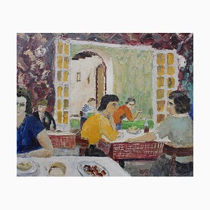 Artista della scuola francese, A tavola in un ristorante francese, 1970, Olio su tavola, con cornice