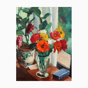 Charles Kvapil, Flowers in the Window, 1937, Oil on Canvas, Framed