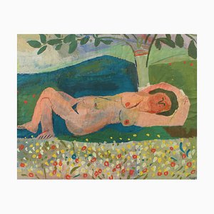 Raymond Debiève, Reclining en Plein Air, anni '60, Guazzo su carta, con cornice